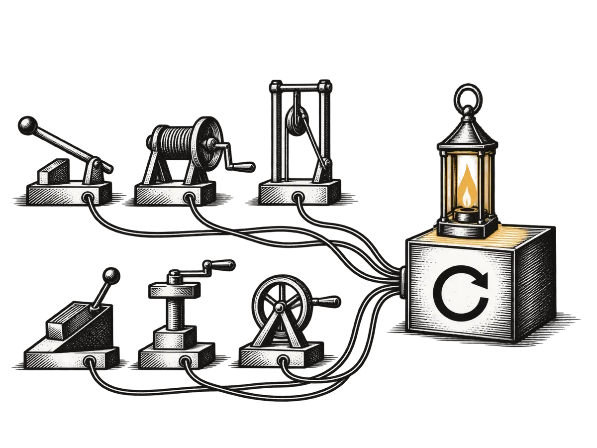Six petites machines dont les fils emmêlés convergent vers une seule boîte éclairée par une lanterne.