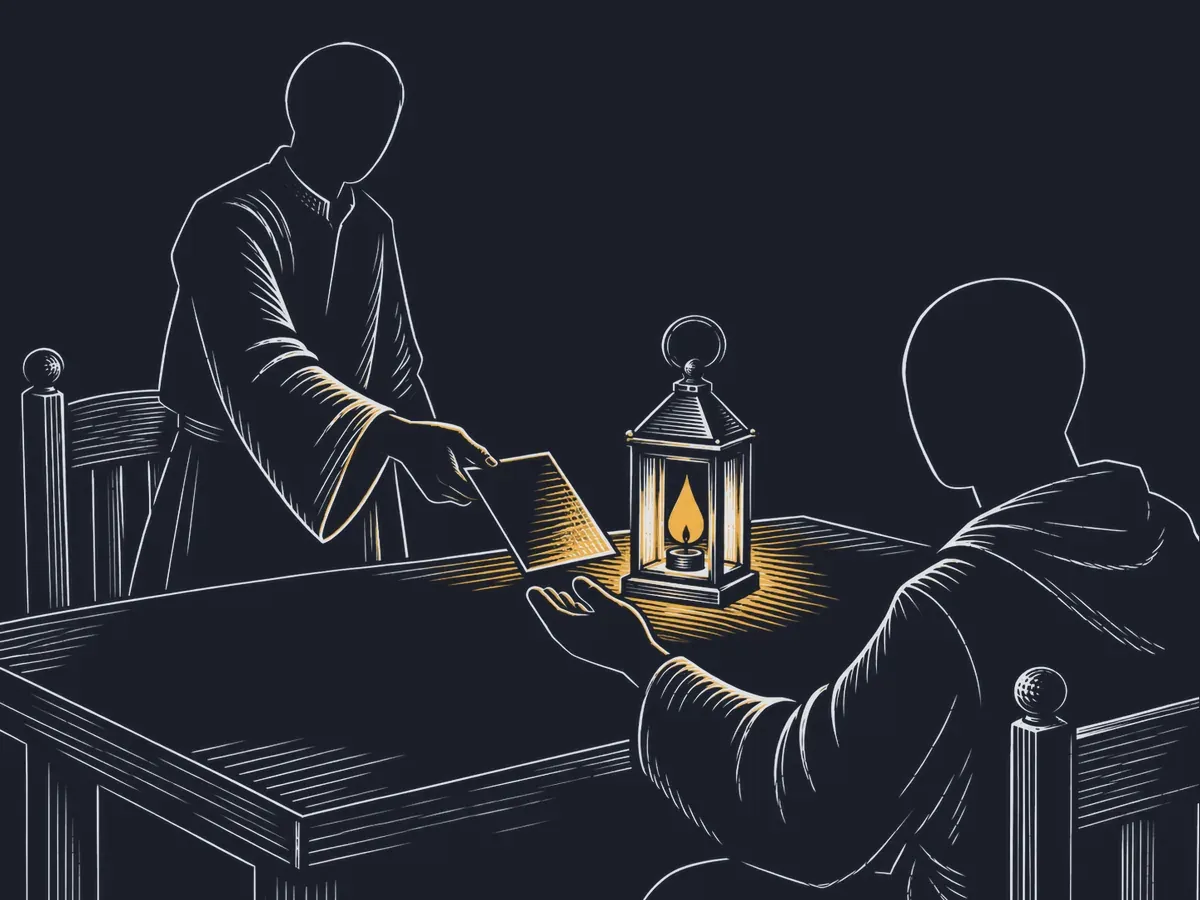Une personne tend une fiche à une nouvelle venue, à la lumière d’une lanterne.