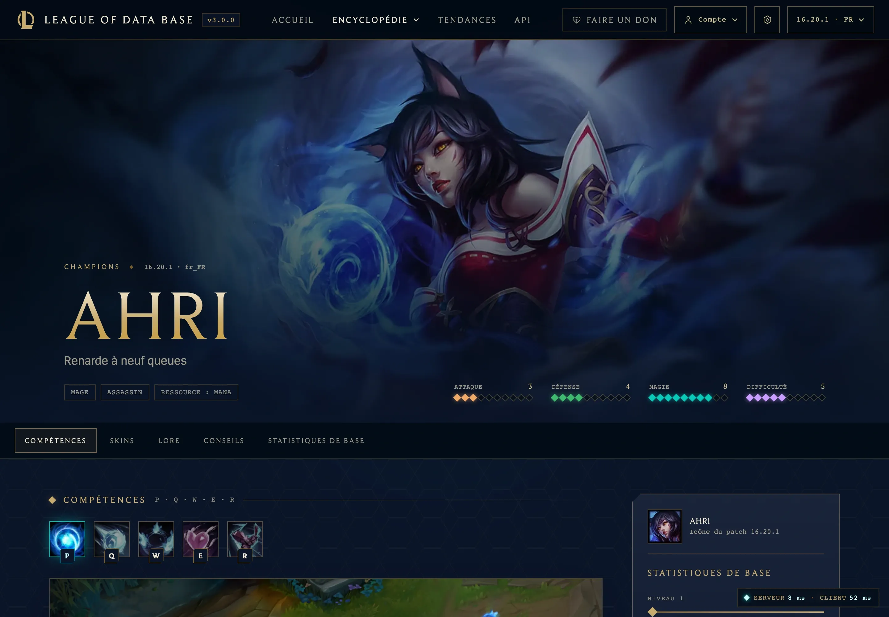 La fiche d’Ahri au patch 16.20.1 dans la version française de League Of Data Base.