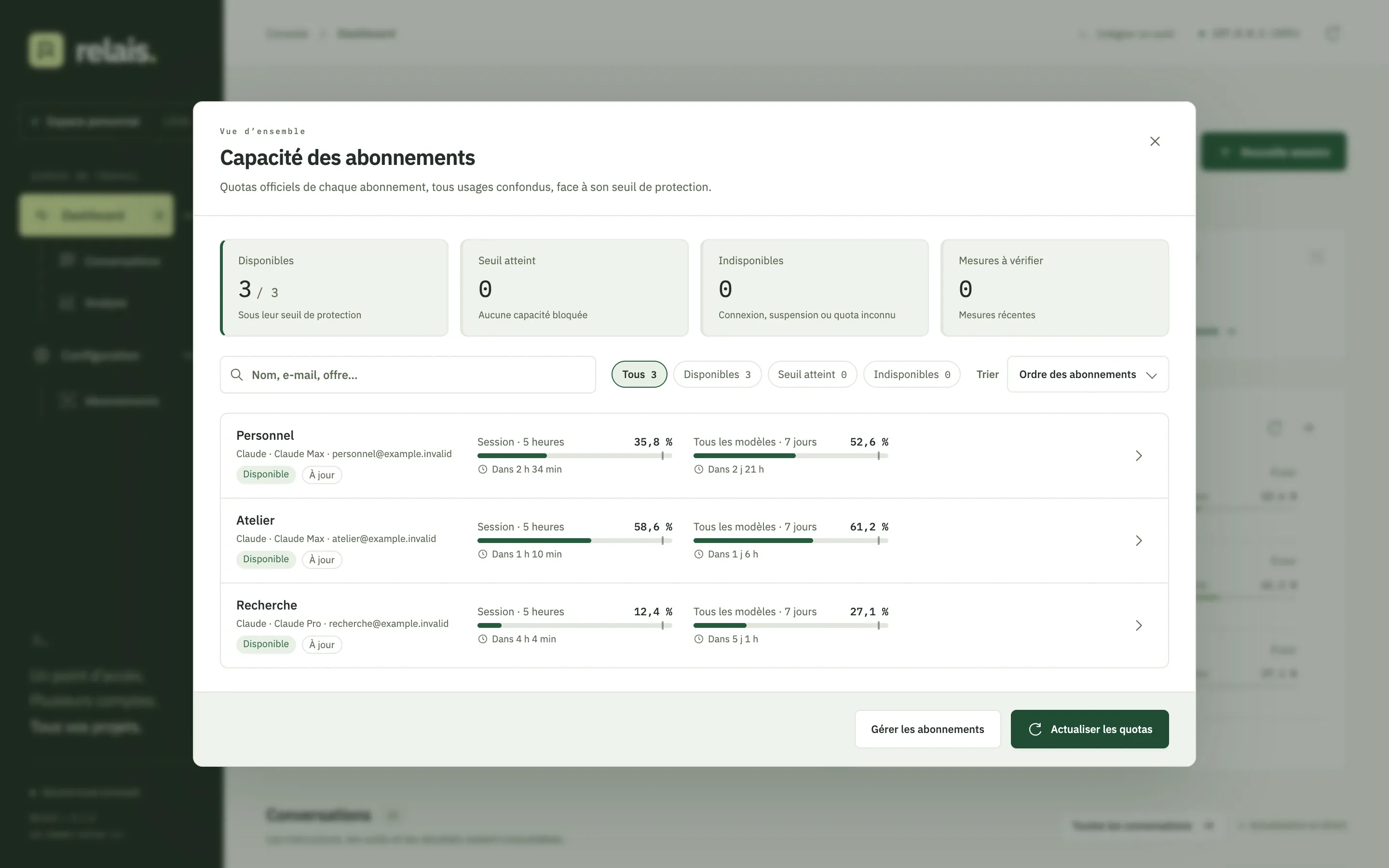 La capacité de trois abonnements de démonstration : quotas de cinq heures et de sept jours, chacun face au repère de son seuil de protection.