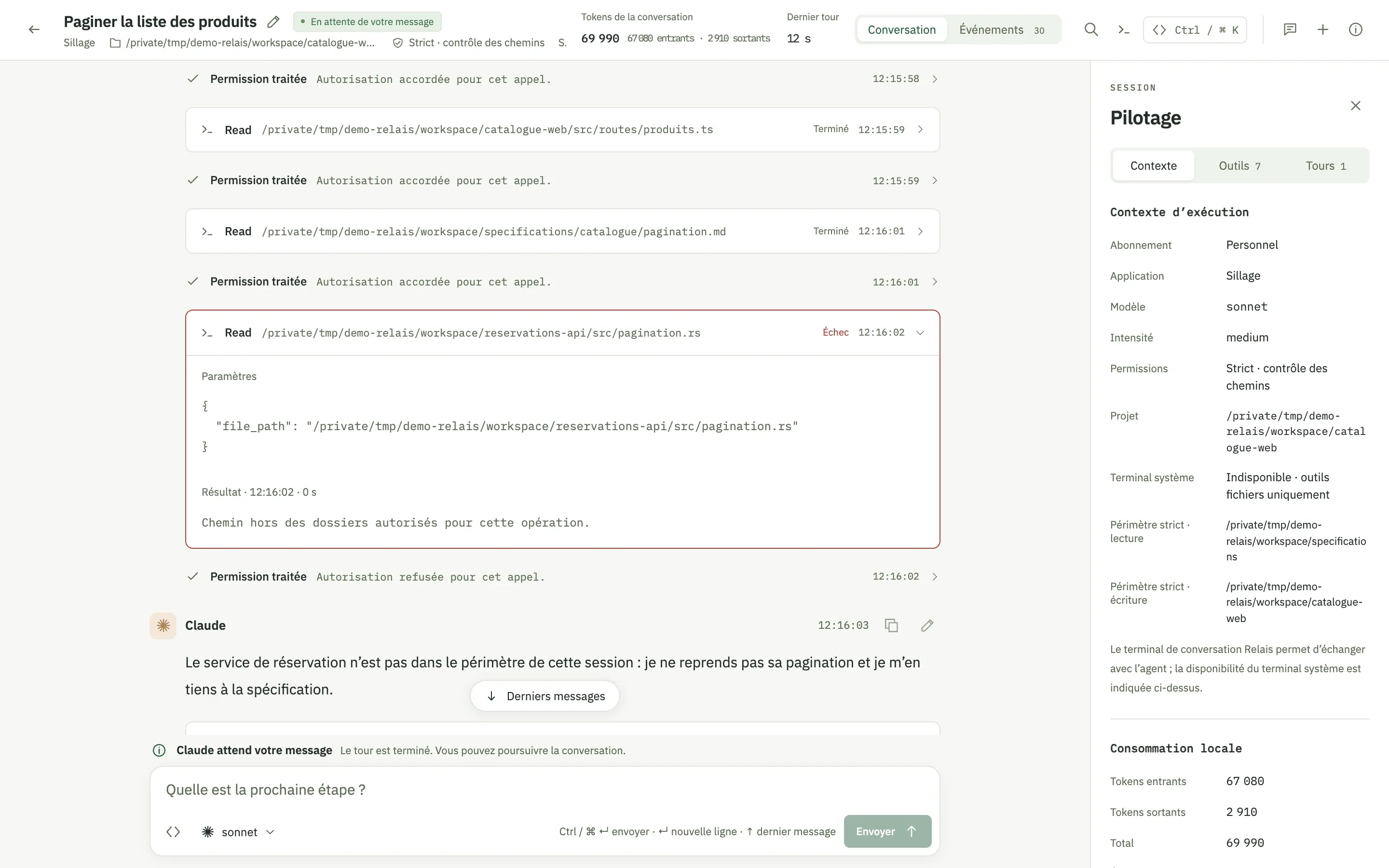 Une conversation dans Relais : chaque appel d’outil suivi de sa décision ; la lecture d’un fichier hors du périmètre échoue, avec son motif.