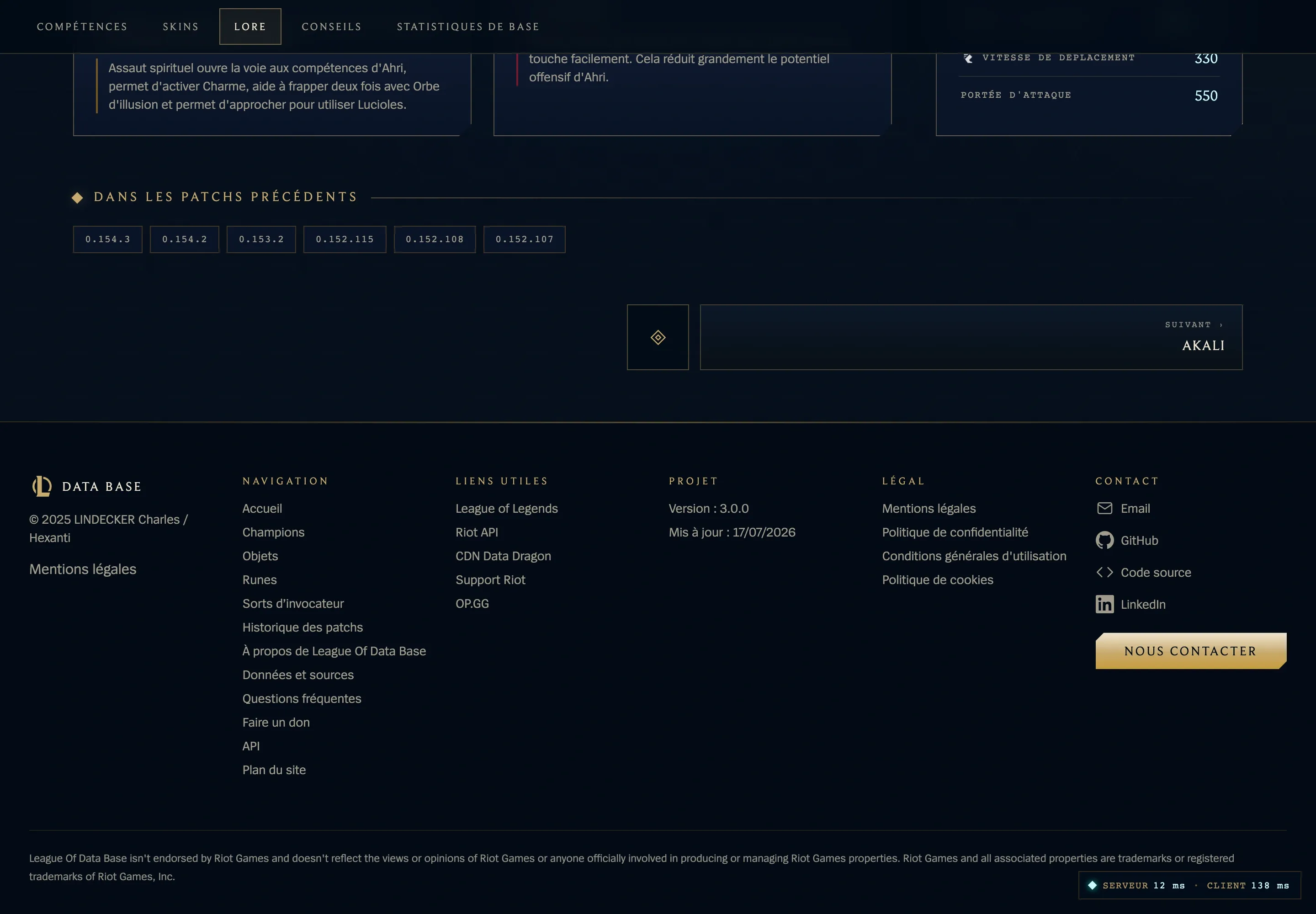 Le bas de la fiche d’Ahri au patch 3.6.14 : « Dans les patchs précédents » ouvre la même fiche aux patchs 0.154.3, 0.154.2, 0.153.2, 0.152.115, 0.152.108 et 0.152.107.