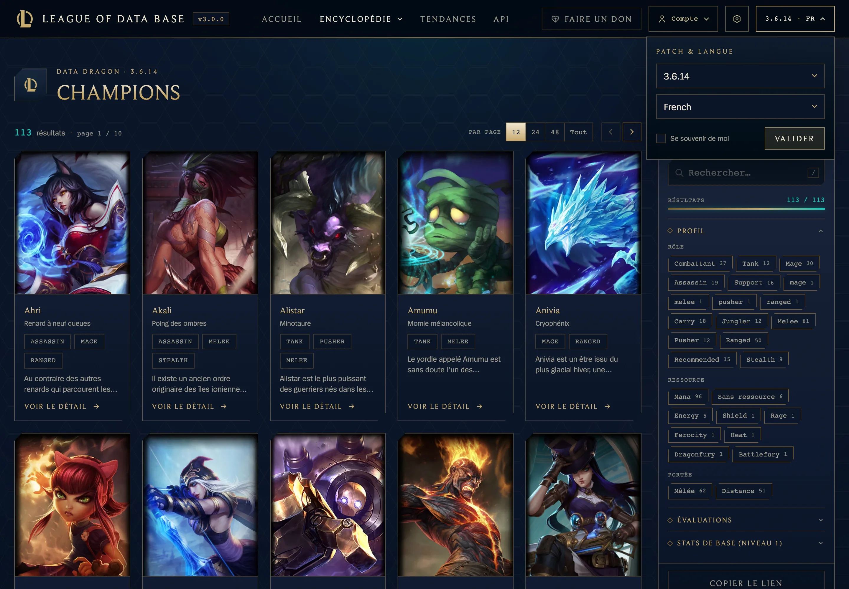 Le menu « Patch & langue » de League Of Data Base, ouvert sur le patch 3.6.14 en français, au-dessus du catalogue de ses 113 champions.