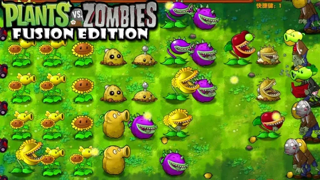 Une partie de PvZ Fusion : des plantes fusionnées défendent le jardin contre une vague de zombies.