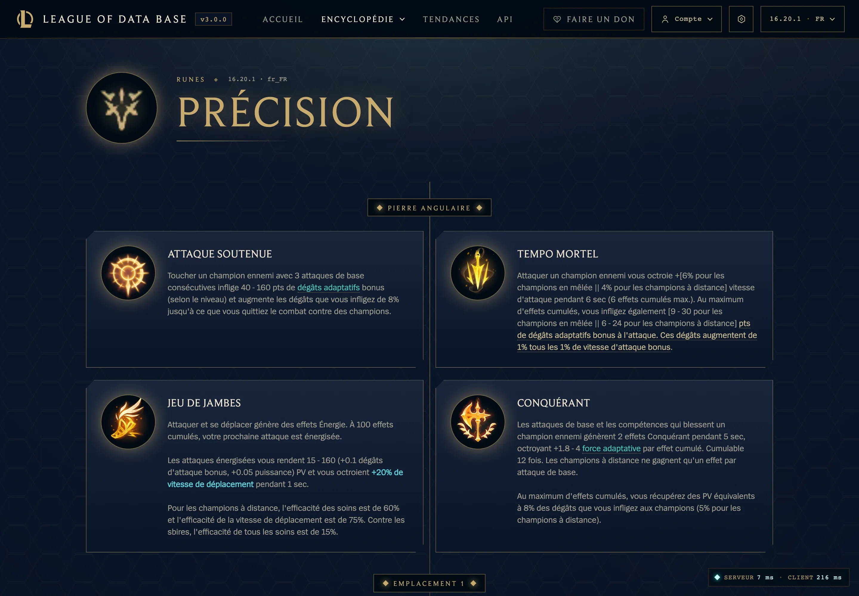 L’arbre Précision et les effets de la rune Attaque soutenue, au patch 16.20.1.